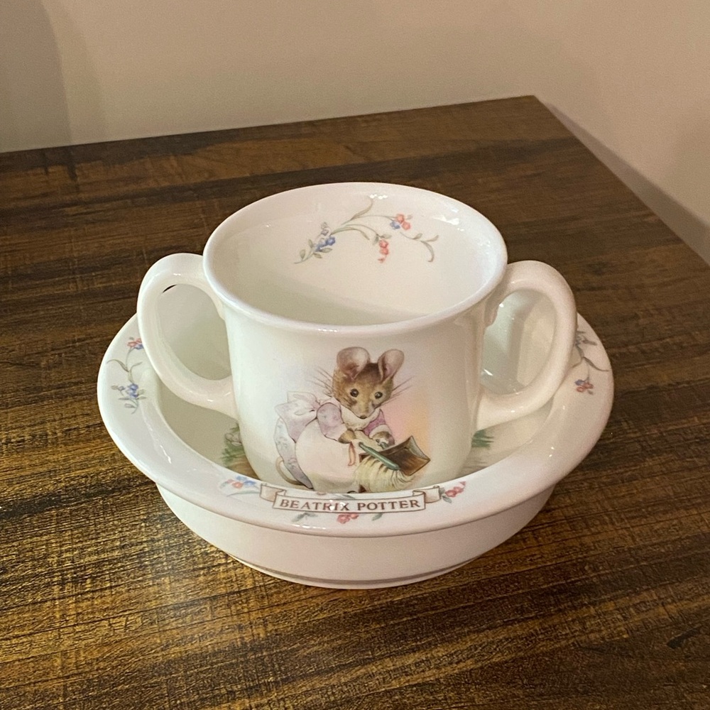 Beatrix Potter Royal Albert Double Handle Cup Jeremy Fisher Bowl Set 1986 W/Box